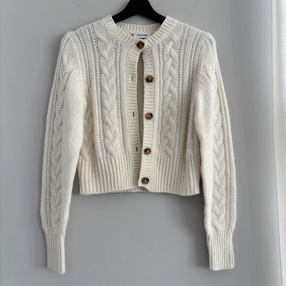 MONKL Cable Knit Cardigan Sweater Ivory with Button Detail Women's Size Small - Picture 10 of 10